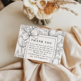 Tarjeta De Agradecimiento Boda con Lazo Floral en Blanco y Negro
