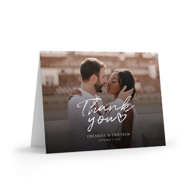 Tarjeta De Agradecimiento Boda con letras de mano y fotos modernas gracias (Modern Wedding Photo Thank You Folded Card)
