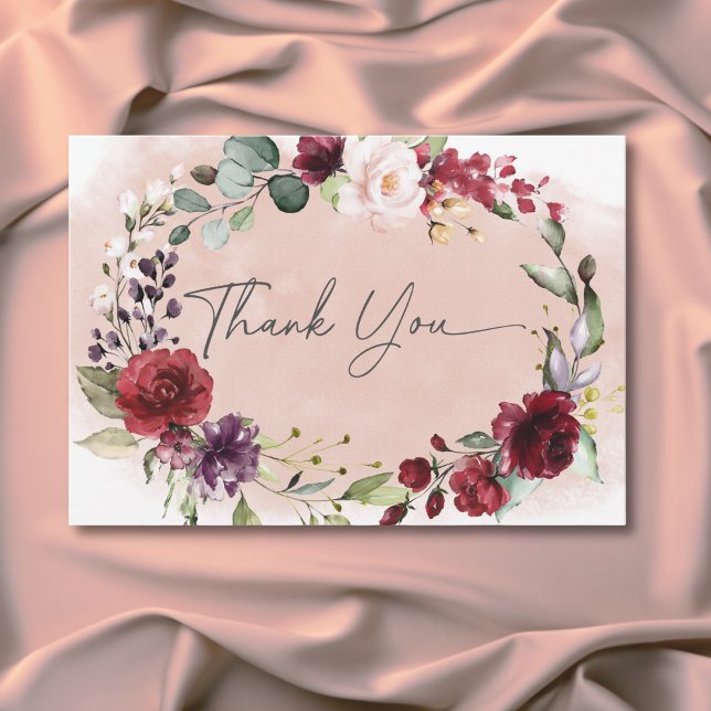 Tarjeta De Agradecimiento Boda con Rosas Rústicas de Borgoña y Rosa Pálido (Rustic Burgundy & Blush Pink Roses Wedding Thank You Card)