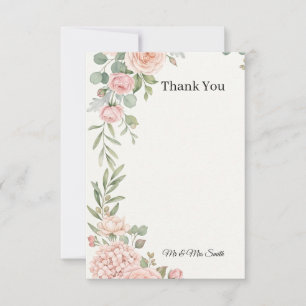 Tarjeta De Agradecimiento Boda con rosas sonrosadas y vegetación