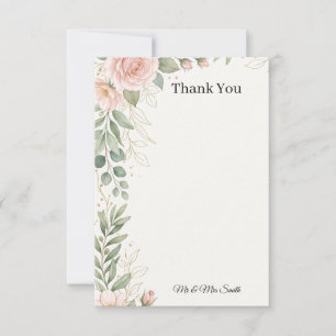 Tarjeta De Agradecimiento Boda con rosas sonrosadas y vegetación