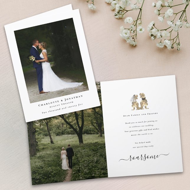 Tarjeta De Agradecimiento Boda con tema de dinosaurios Foto de agradecimient (2 photo Dinosaur theme wedding thank you card T-Rex dino bride and groom personalized message)