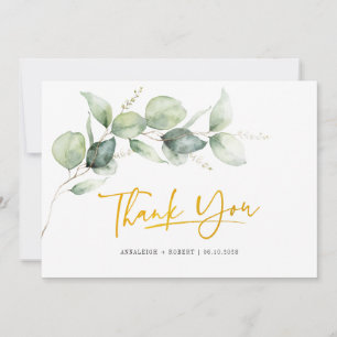 Tarjeta De Agradecimiento Boda con vegetación de eucalipto dorado con letras