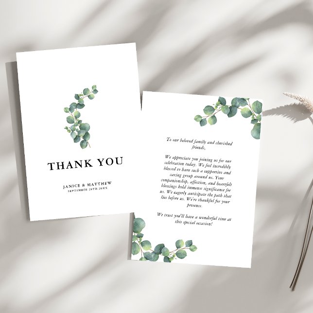 Tarjeta De Agradecimiento Boda con Verde de Eucalipto Rústico (Rustic eucalyptus greenery thank you card shares heartfelt gratitude with natural charm.)