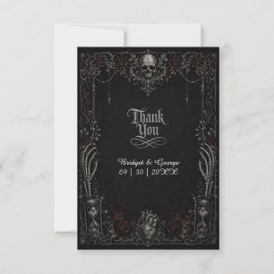 Tarjeta De Agradecimiento Boda Corazón Calavera Rosa Negra Gótica