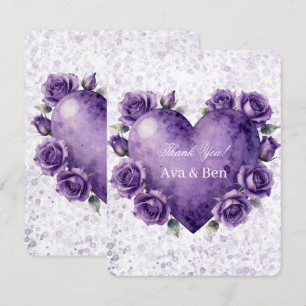 Tarjeta De Agradecimiento Boda Corazón y Rosas Pintura Morada