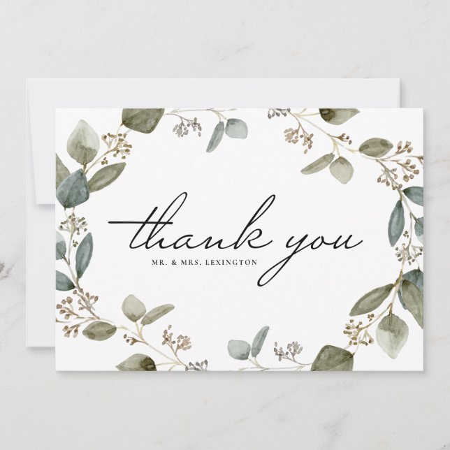 Tarjeta De Agradecimiento Boda Corona de Eucalipto Semillado Acuarela (Anverso)