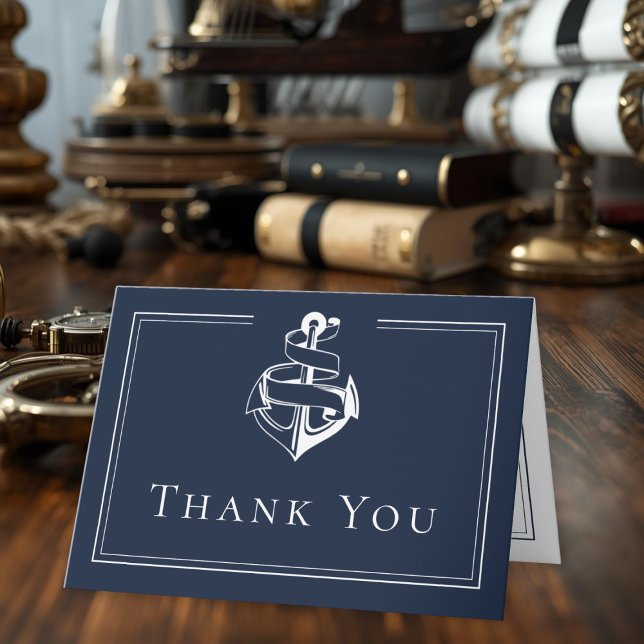 Tarjeta De Agradecimiento Boda Costera Ancla Náutica Mínima Azul Blanco (Blue White Minimal Nautical Anchor Coastal Wedding Thank You Card)