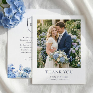 Tarjeta De Agradecimiento Boda Costera con Acuarela de Hortensias Azules