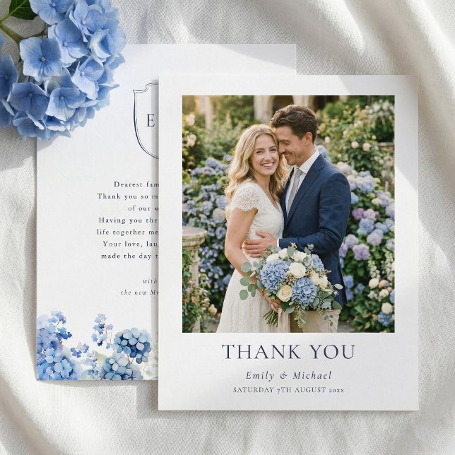 Tarjeta De Agradecimiento Boda Costera con Acuarela de Hortensias Azules (Subido por el creador)