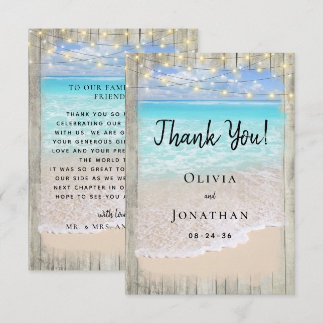 Tarjeta De Agradecimiento Boda Costera Playa Azul Madera Rústica (Anverso / Reverso)