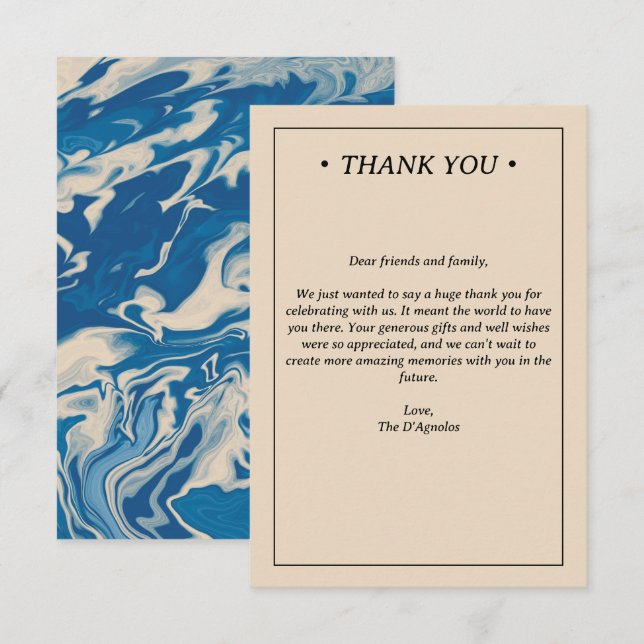 Tarjeta De Agradecimiento Boda costero moderno de mármol azul (Anverso / Reverso)