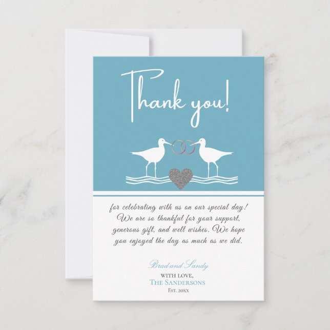 Tarjeta De Agradecimiento Boda costero náutico deslumbrante sandpipers azule (Anverso)