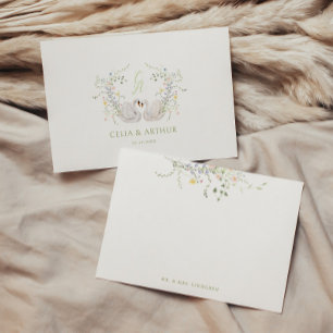 Tarjeta De Agradecimiento Boda Cresta de Monograma Floral de Cisnes