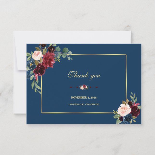 Tarjeta De Agradecimiento Boda Cuadro Floral Azul Marrón Dorado (Anverso)