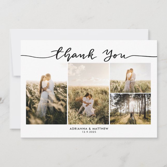 Tarjeta De Agradecimiento Boda Cuatro Fotos Elegante Guión De Gracias (Anverso)