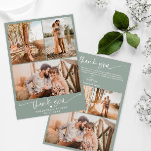 Tarjeta De Agradecimiento Boda de 6 fotos de escritura verde sabio moderno