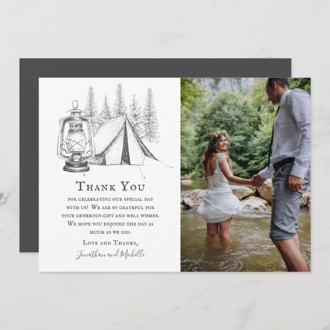 Tarjeta De Agradecimiento Boda de acampada de carpas, farolillos y bosquejos (Anverso / Reverso)