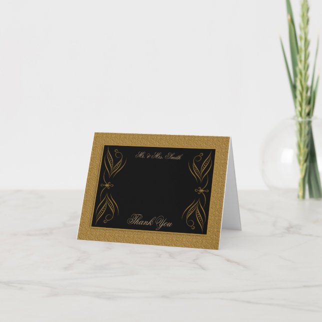 Tarjeta De Agradecimiento Boda de acentos de Black and Gold Scroll Gracias (Anverso)