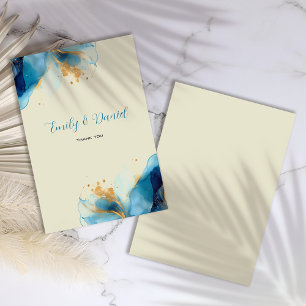Tarjeta De Agradecimiento Boda de acuarela azul y dorado abstracto