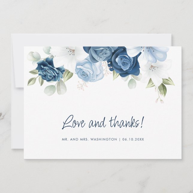 Tarjeta De Agradecimiento Boda de acuarela botánica Dusty Blue Floral (Anverso)