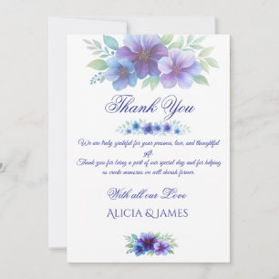 Tarjeta De Agradecimiento Boda de acuarela botánica púrpura romántico azul