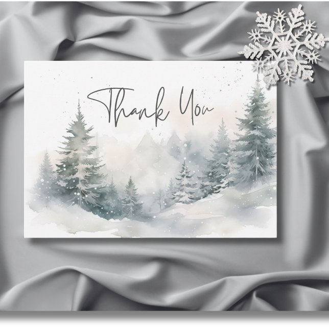 Tarjeta De Agradecimiento Boda de acuarela de la escena invernal de montaña  (Rustic Mountain Winter Scene Watercolor Wedding Thank You Card)