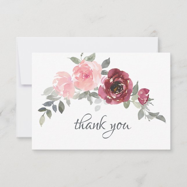 Tarjeta De Agradecimiento Boda de acuarela de las flores rosadas de borgoña  (Anverso)