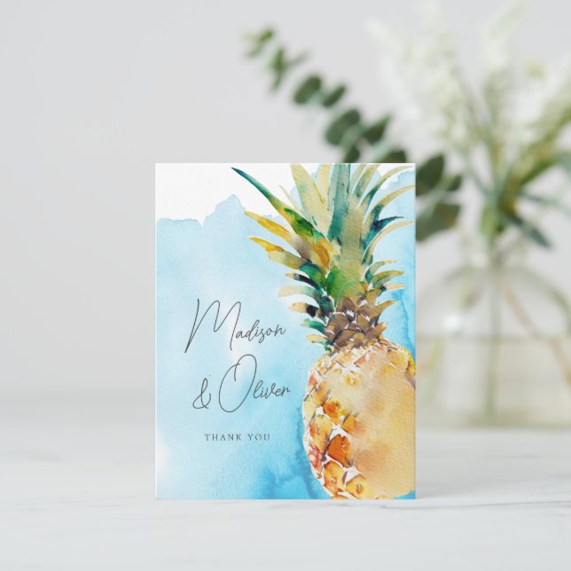 Tarjeta De Agradecimiento Boda de acuarela de piña tropical vibrante (Anverso de pie)