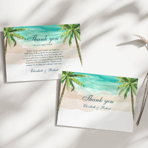 Tarjeta De Agradecimiento Boda de acuarela de playa tropical y palmeras