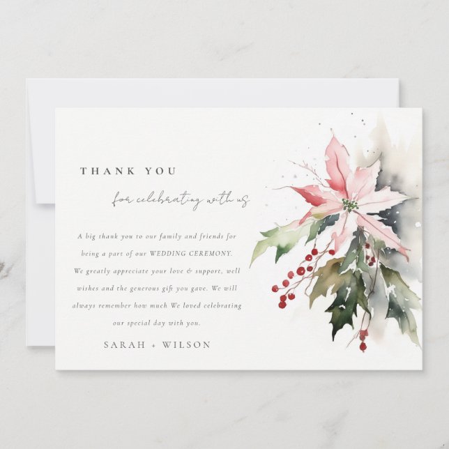 Tarjeta De Agradecimiento Boda de acuarela de Poinsettia Berries Foliage (Anverso)