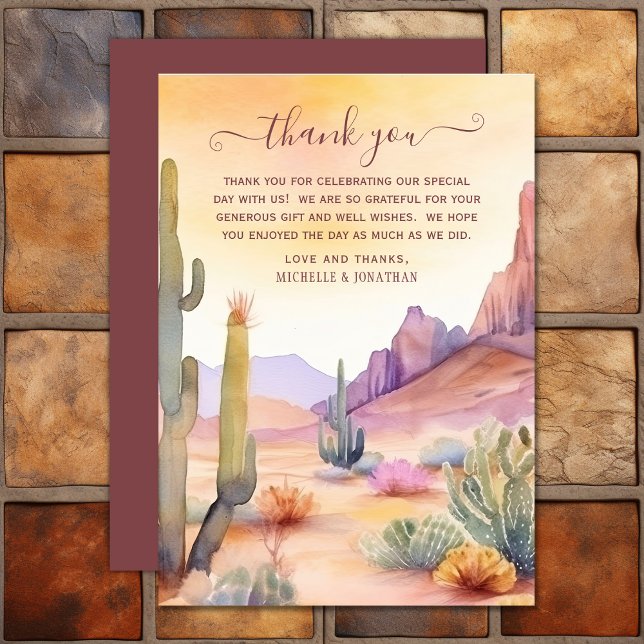 Tarjeta De Agradecimiento Boda de acuarela del desierto y cactus del suroest (Watercolor Desert and Cactus Southwestern Wedding Thank You Card)