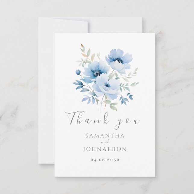 Tarjeta De Agradecimiento Boda de acuarela floral azul (Anverso)