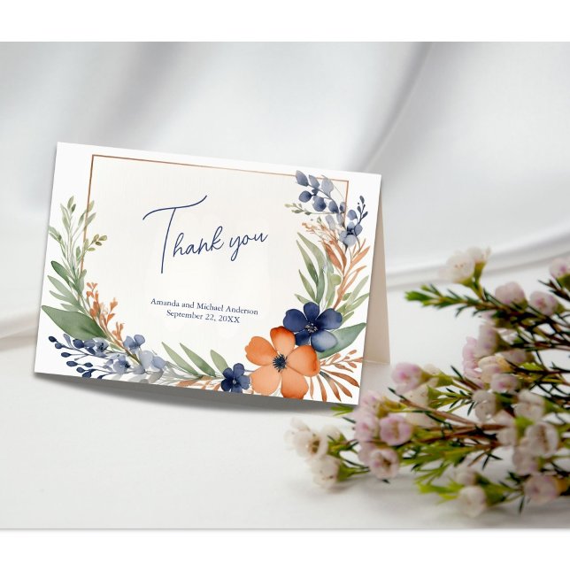 Tarjeta De Agradecimiento Boda de acuarela floral azul verde Naranja rojizo (Rust orange blue green watercolor floral wedding or bridal shower thank you card)