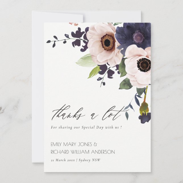 Tarjeta De Agradecimiento Boda de acuarela floral de moda Rubor Navy Anemone (Anverso)