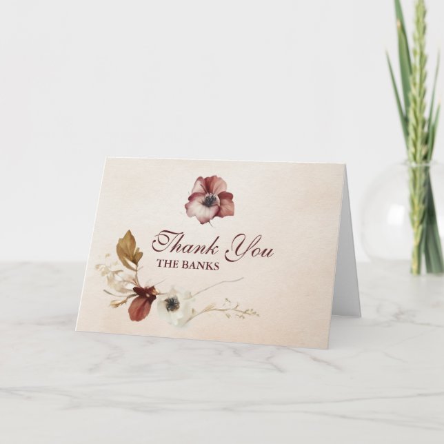 Tarjeta De Agradecimiento Boda de acuarela floral de Rubor Burgundy (Anverso)