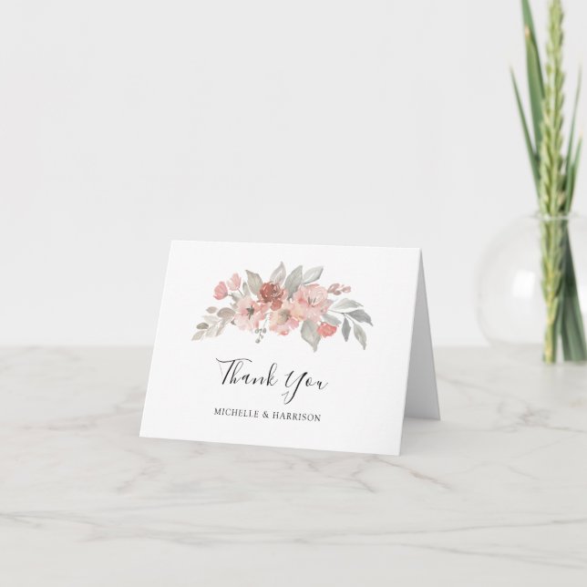 Tarjeta De Agradecimiento Boda de Acuarela Floral Rosa Elegante (Anverso)