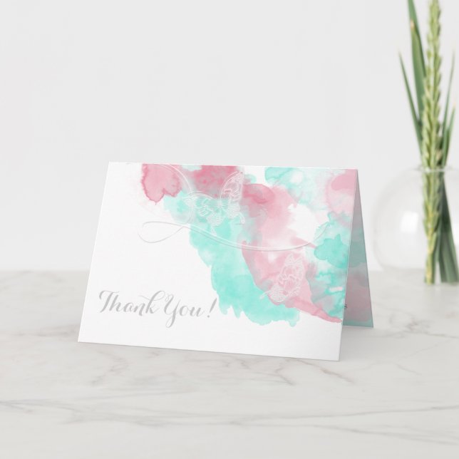 Tarjeta De Agradecimiento Boda de acuarela mariposa minted blush (Anverso)