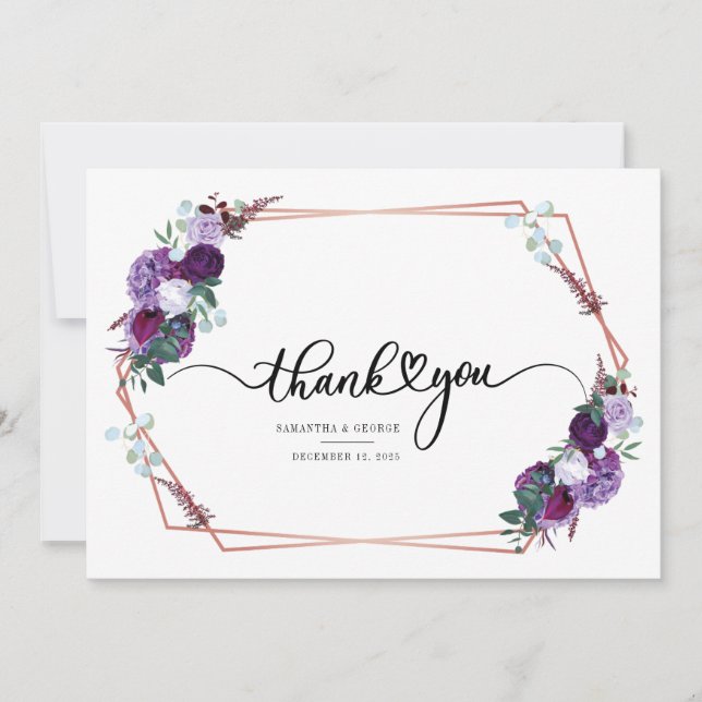 Tarjeta De Agradecimiento Boda de acuarela morado floral (Anverso)