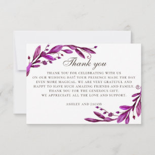Tarjeta De Agradecimiento Boda de acuarela púrpura. Botánica elegante de lil