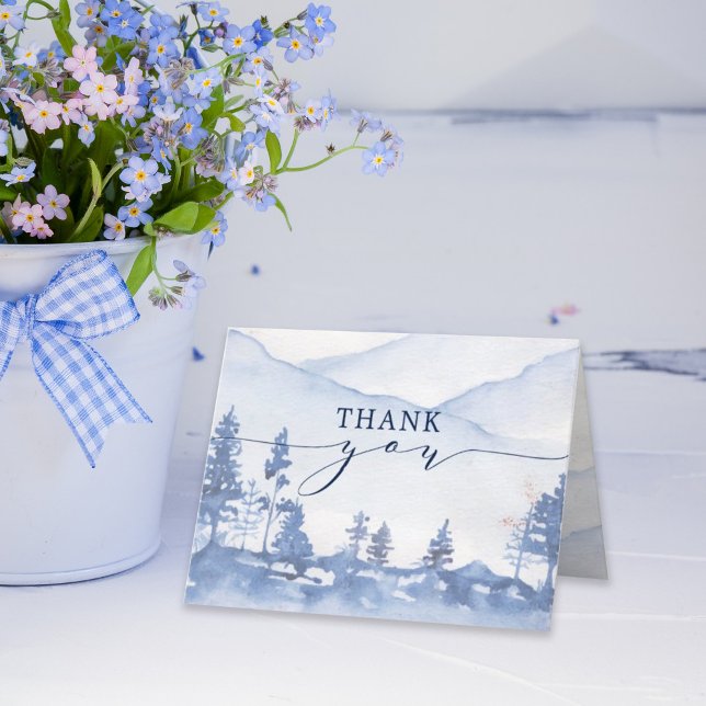 Tarjeta De Agradecimiento Boda de acuarela Rustic Blue Mountain (Harness the balance of elegance & heartfelt appreciation with our Blue Mountain Watercolor Thank You)