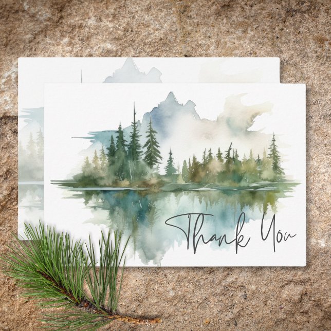 Tarjeta De Agradecimiento Boda de acuarela Rustic Mountain Lake Scene (Rustic Mountain Lake Scene Watercolor Wedding Thank You Card)