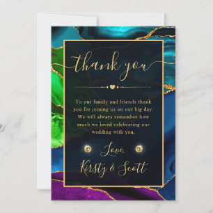 Tarjeta De Agradecimiento Boda de ágata azul, púrpura y verde con brillo dor