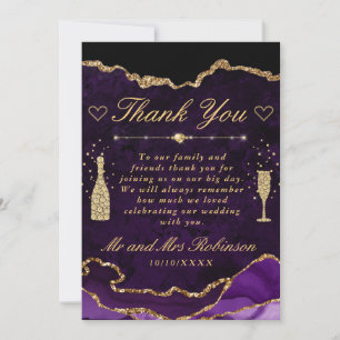 Tarjeta De Agradecimiento Boda de Ágata con Brillo de Oro Falso y Púrpura