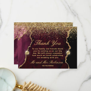 Tarjeta De Agradecimiento Boda de Ágata con Brillo Dorado de Borgoña