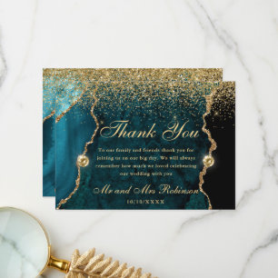 Tarjeta De Agradecimiento Boda de Ágata con Brillo Dorado Turquesa