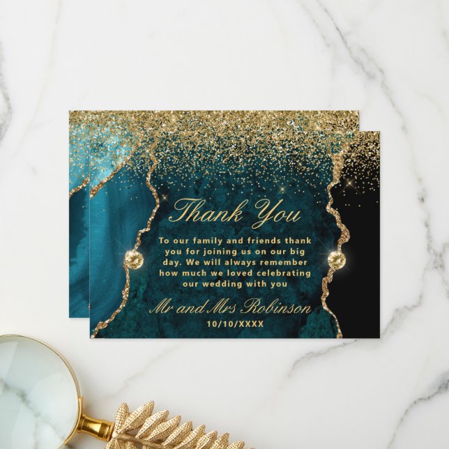 Tarjeta De Agradecimiento Boda de Ágata con Brillo Dorado Turquesa (Anverso/Reverso In Situ)