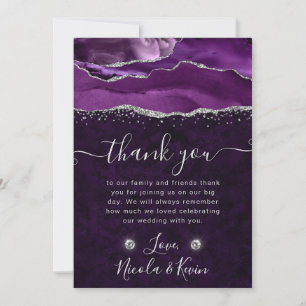 Tarjeta De Agradecimiento Boda de Ágata con Brillo Purpura y Plateado