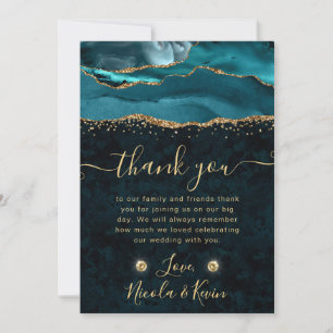 Tarjeta De Agradecimiento Boda de Ágata con Brillo Teal y Dorado