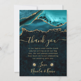 Tarjeta De Agradecimiento Boda de Ágata con Brillo Teal y Dorado